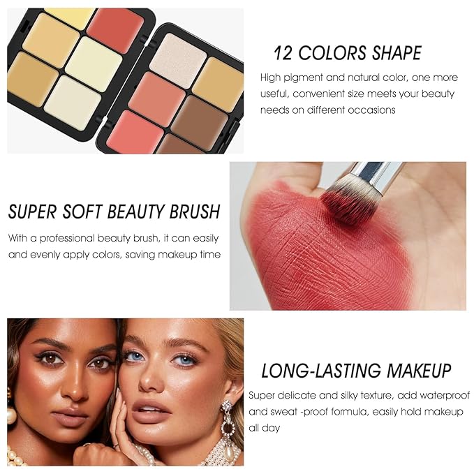 12 Colors Cream [Blush+Contour+Concealer+Highlighter] Makeup Palette for Cheeks - Multi-functional Makeup Palette with Brush, Natural Matte Long Wearing, Waterproof Face Makeup Palette (#05)