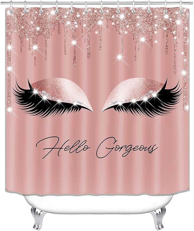 4PCS Hello Gorgeous Shower Curtain Set, Eyelash Makeup Glam Fashion Girly Pink Bathroom Decor for Women Girls, Waterproof Fabric Shower Curtain, Non-Slip Bath Mat Toilet Rug, Rose Gold Glitter