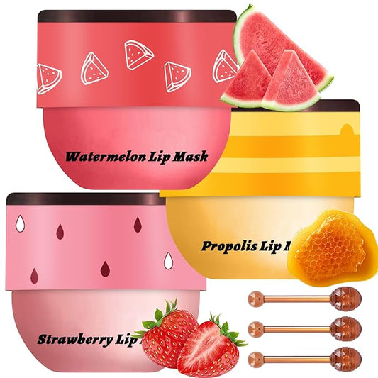3 PCS Bee Lip Balm Honey Pot, Honey & Strawberry & Watermelon Lip Mask Overnight Propolis Moisturizing Lip Balm Hydrating Prevention Dry and Crack Lip Scrubs Exfoliator Lip Wrinkle Care (Set B)
