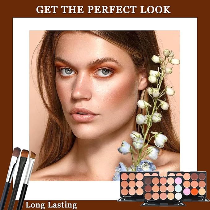 15 Color Contour Palette,Waterproof Long Lasting Facial Correcting Concealer Palettes,Cream Foundation Makeup Palettes with Brushes,Color Correcting Palettes for Women (3 Pack)