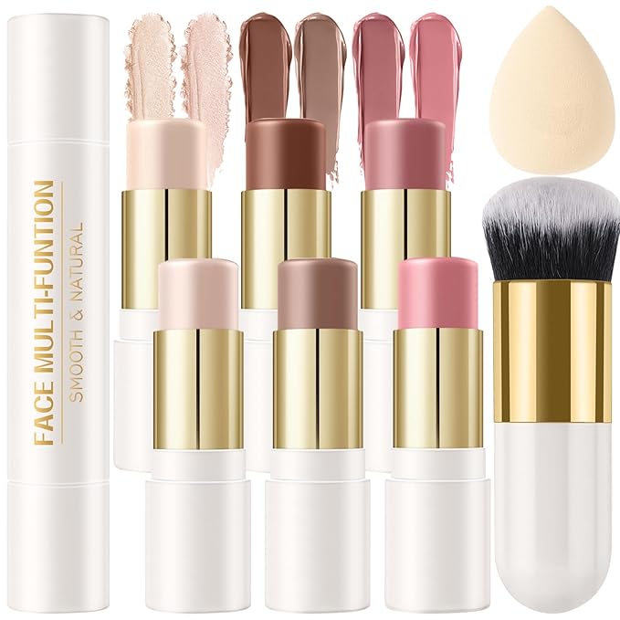 6 Colors Cream Contour Stick Makeup Kit, Shades with Highlighter Stick, Blush Stick and Double-End Bronzer Stick for Sculpt the Cheeks, Waterproof,Dewy & Matte Finish for Beginners (6 COLORS SET A)