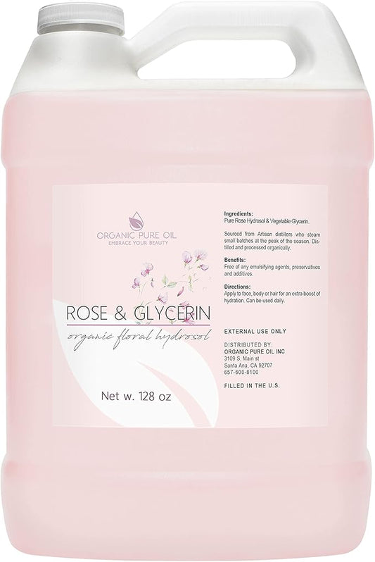 Rosewater Glycerin Mist Toner Bulk Spray Facial Body Floral Cleanser Pure Rose Hydrosol and Vegetable Glycerine Moisturizing Cleansing Toning Mix for Face Skin Hair Body (128 Ounces / 1 Gallon)