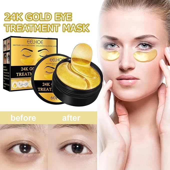 24k Gold Under Eye Patches, 60 Pcs Eye Gels, Anti-Aging Collagen Hyaluronic Acid Under Eye Mask, Under Eye Mask for Dark Circles and Puffiness, Eye Bags, Wrinkles
