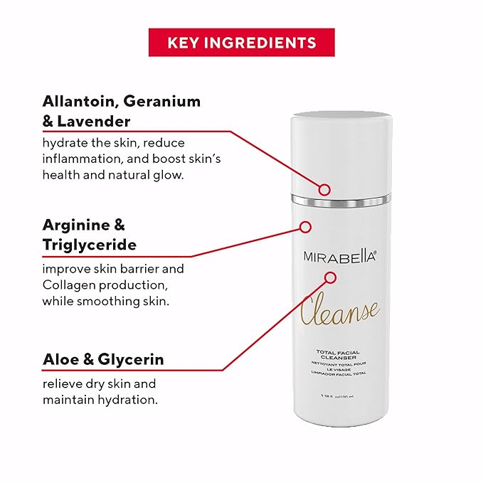 Mirabella Cleanse Total Facial Cleanser - Hydrating Gentle Cream Cleanser for All Skin Types - Face Cleanser & Makeup Remover - Face wash for Sensitive Skin & Oily Skin Formula
