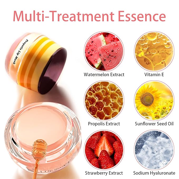 3 PCS Bee Lip Balm Honey Pot, Honey & Strawberry & Watermelon Lip Mask Overnight Propolis Moisturizing Lip Balm Hydrating Prevention Dry and Crack Lip Scrubs Exfoliator Lip Wrinkle Care (Set B)