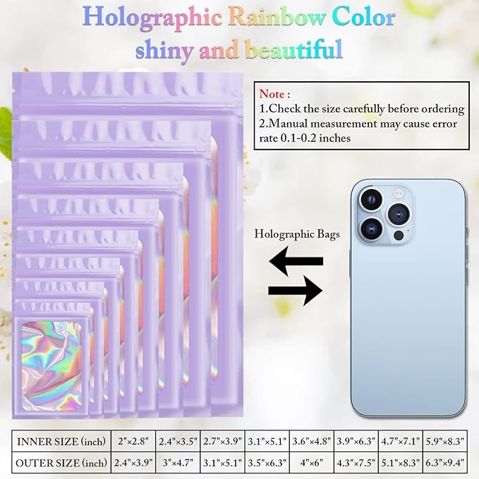 100 Pieces Smell Proof Mylar Bags, Holographic Packaging Bags, Resealable Odor Foil Pouch Zipper Bag with Clear Window for Food Storage and Lipgloss, Jewelry Lash (Purple, 3 x 4.7 Inch)