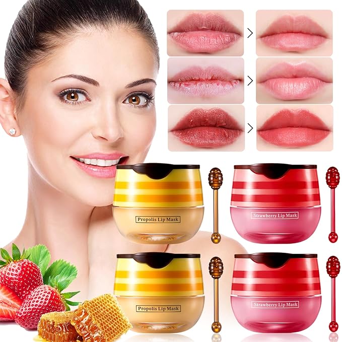 4 PCS Bee Honey Lip Balm Honey Pot, Strawberry & Bee Honey Lip Mask, Reduces Lip Lines, Hydrate & Moisturizing Lip Skin Care, Prevention Dry Cracked Lips, Bee Honey Lip Balm for Lip Repair Treatment