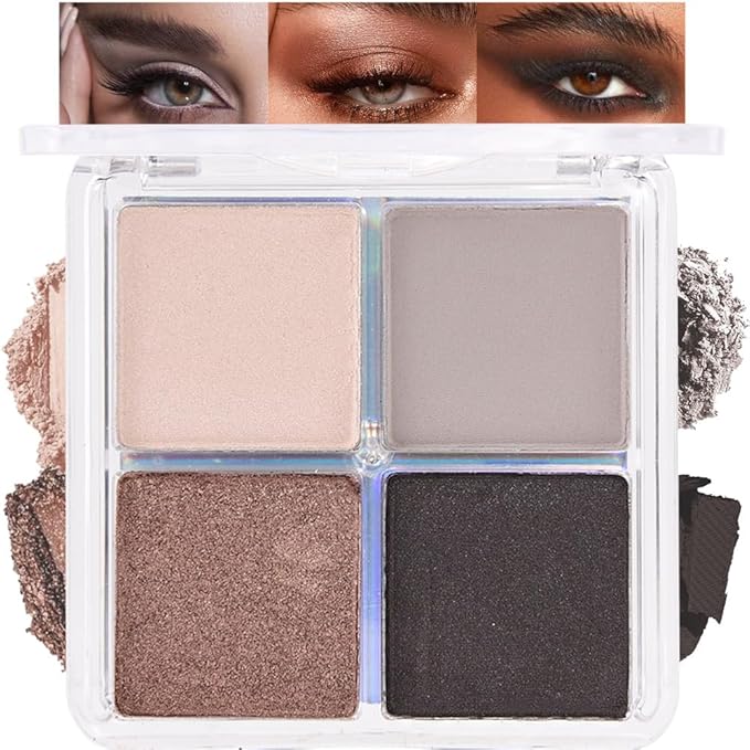 4 Colors Light Beige Gray Brown Black Eye Shadow Powder Palette Makeup, Neutral Matte Shimmer Cream Quads Eyeshadow Palette for Women Highly Pigmented Waterproof, paleta de sombras de ojos, Vegan, 07