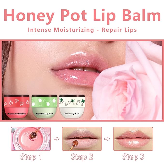 3 Pcs Bee Lip Balm Honey Pot, Coconut Watermelon Apple Lime Lip Mask Overnight, Moisturizing Lip Sleeping Mask, Hydrate Repair Prevent Dry Cracked Lip Exfoliator (Coconut +Watermelon+Apple Lime)