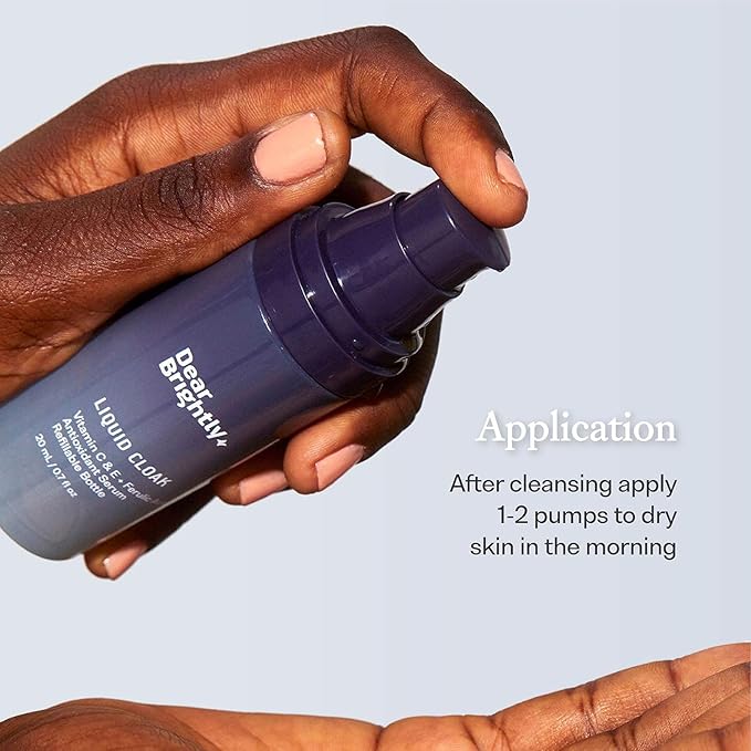Vitamin C Serum with Ferulic Acid and Vitamin E for Glowing Radiant Skin by Dear Brightly, Liquid Cloak Facial Serum for Sensitive Skin, Refillable Glass Bottle, 0.7 fl oz
