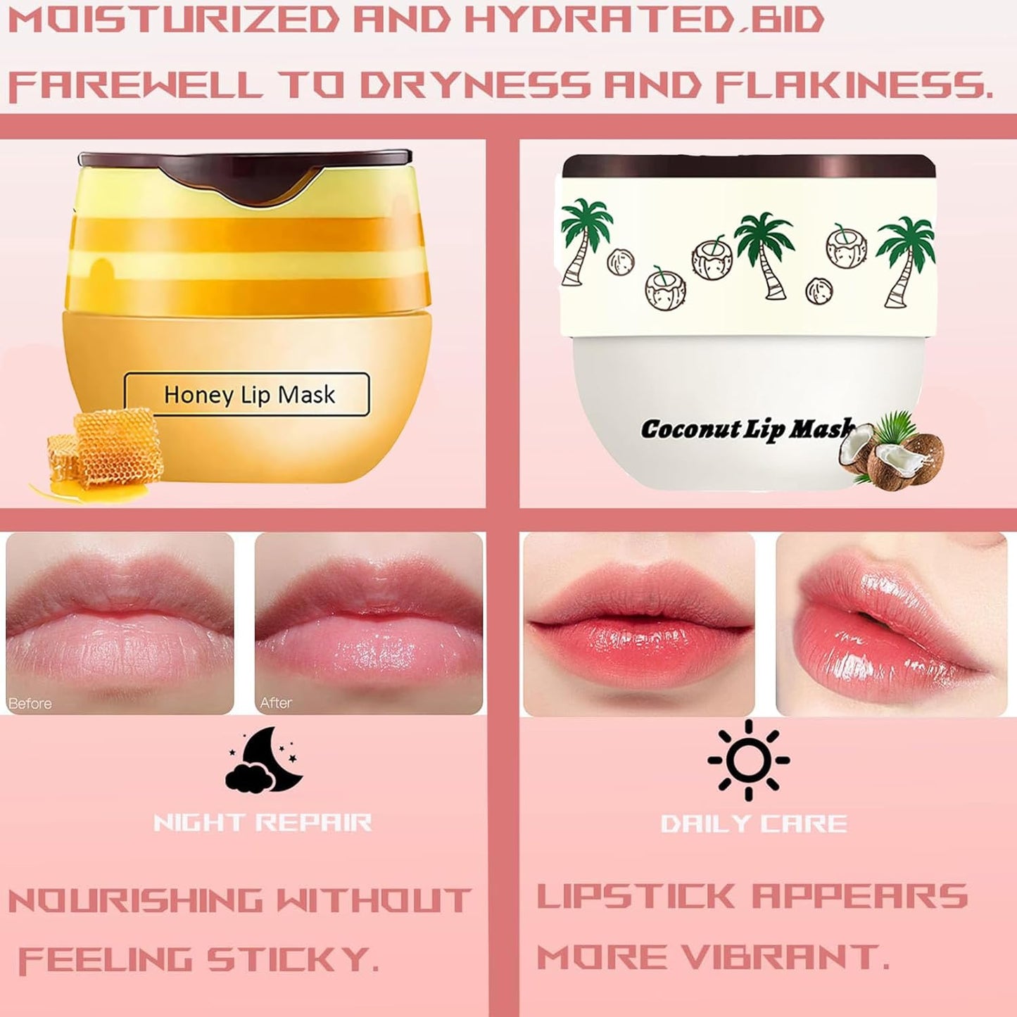 4 PCS Bee Lip Balm Honey Pot, Honey Strawberry Cherry Coconut Sleeping Lip Mask Overnight with Sticks, Exfoliating Prevention Dry and Crack Lip Scrubs