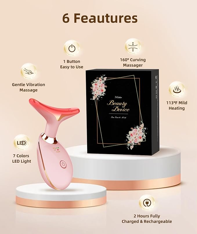 7 Color Face and Neck Massager Light Therapy, Red Light Based Facial Massager for Skin Care, Firming, Smoothing (Rose Golden)