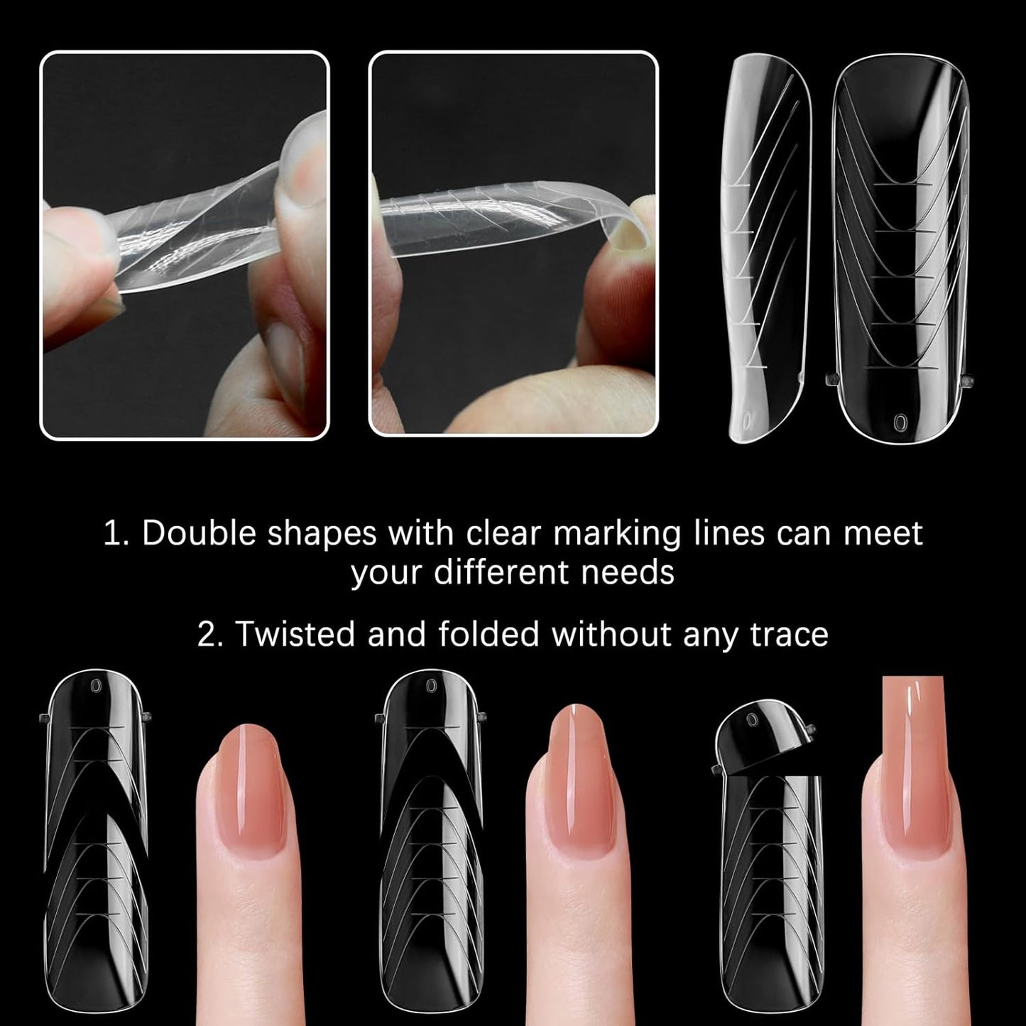 130 Pcs Poly Extension Gel Dual Nail Forms Nail Molds With Scale Builder Coffin Nail for Gel Manicure Nail Art Design Salon DIY at Home (Long Round-Head Dual Nail Forms Set)