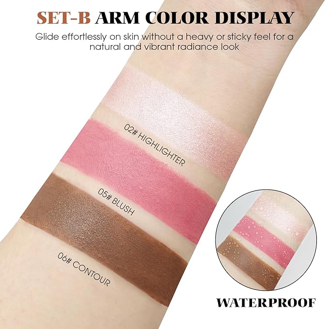 3Pcs Cream Contour Stick Makeup Kit - Cream Blush Stick Highlighter Stick Contour Bronzer Stick for Cheeks, Waterproof Long Lasting Blendable, Contour Stick Trio for Face Makeup (#02, 05, 06)