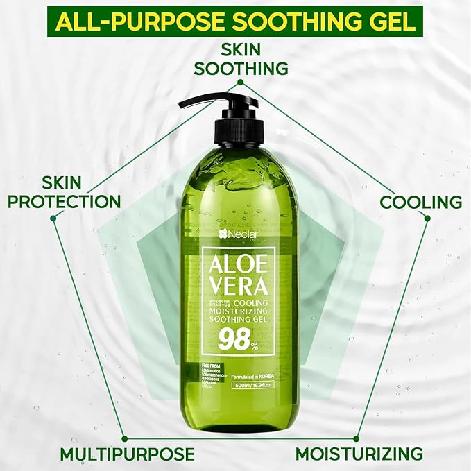 98% Aloe Vera Gel for Face, Skin and Hair - 16.9 oz / 500ml - Pure Aloe Vera Gel for Sunburn Relief - After Sun Care - Sun Burn Moisturizer