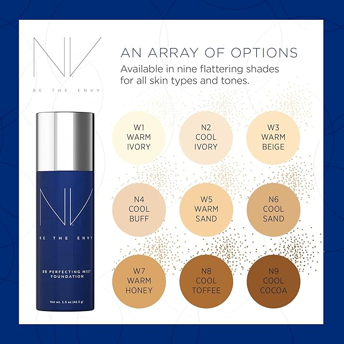 NV BB Perfecting Mist Foundation Buildable Coverage Professional Airbrush Makeup with Plant-based Stem Cell Polypeptides, Vitamins A, D, E and Aloe, 1.5 ounces, Warm Honey