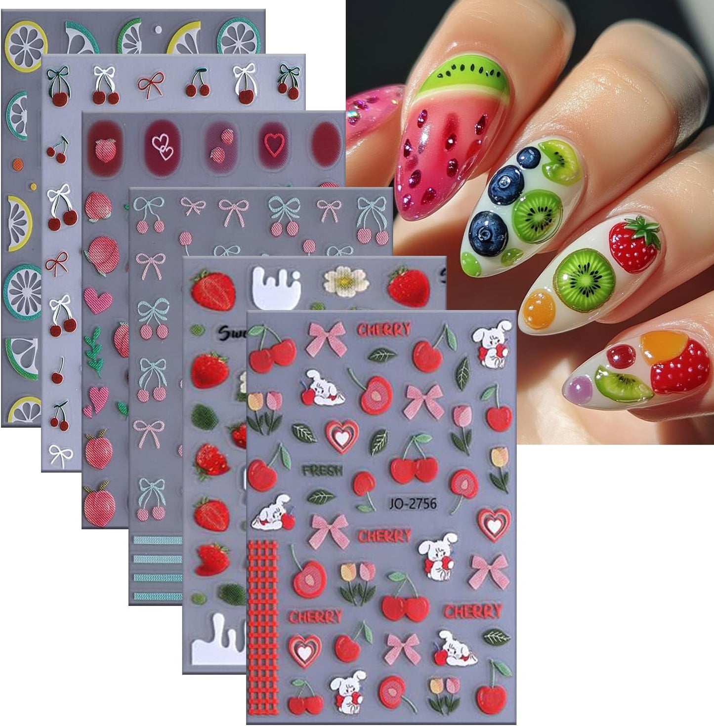 6 Sheets Fruit Nail Art Stickers 3D Self -Adhesive Cherry Strawberry Nail Decals Holographic Lemon Peach Nail Stickers Summer Cute Fruite Nail Decals Decoration for Women DIY Manicure Supplies