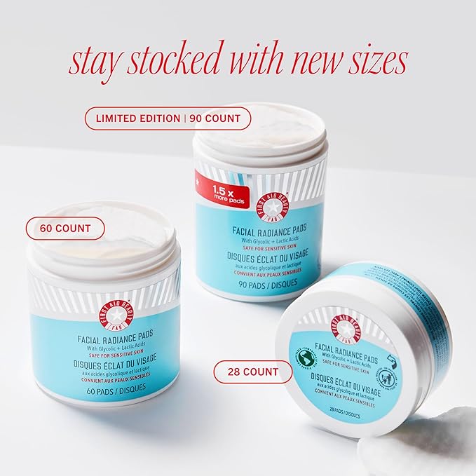 First Aid Beauty - Facial Radiance Pads with Gycloic & Lactic Acids – Daily Exfoliating Pads with AHA that Help Tone & Brighten Skin – Makeup Routine Prep - Compostable for Daily Use – 90 Count