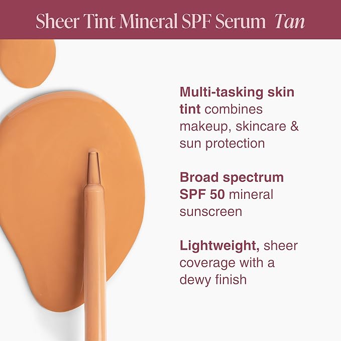 Mineral Fusion Face Serum, Sheer Tint Mineral SPF Serum, 1 Fl Oz, Tan, Tinted Broad Spectrum SPF 50 Mineral Sunscreen, Sheer Coverage, Lightweight & Dewy Finish for Glowing, Protected Skin
