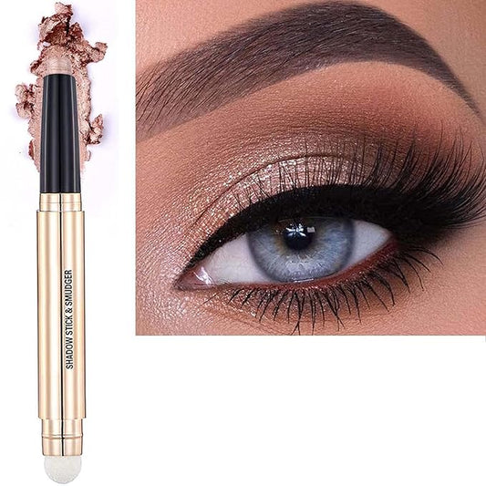 Warm gold Eyeshadow Stick And Sponge Makeup Brush, Smooth Cream Shimmer Shadow Pencil Long Lasting Waterproof Eye Shadow Highlighter, Hypoallergenic Highlighter Multi-Dimensional Eyes Look 03