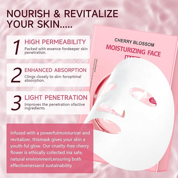 5 Pack Sheets Face Masks Skincare For All Skin Types, Cherry Facial Sheet Masks, Hydrating Facial Sheets Mask for Firming, Sheet Mask with Cherry Blossom Face Mask for Glowing Skin