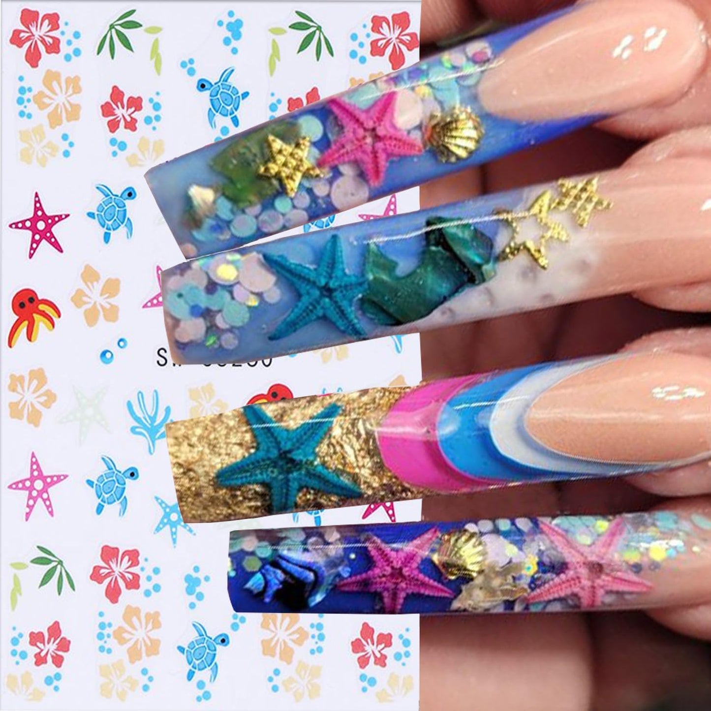 6 Sheets Ocean Style Nail Art Stickers 3D Self -Adhesive Starfish Sea Turtles Nail Decals Holographic Flower Bow Nail Stickers Summer Floral Seahorse Nail Decoration for Women Manicure Supplies