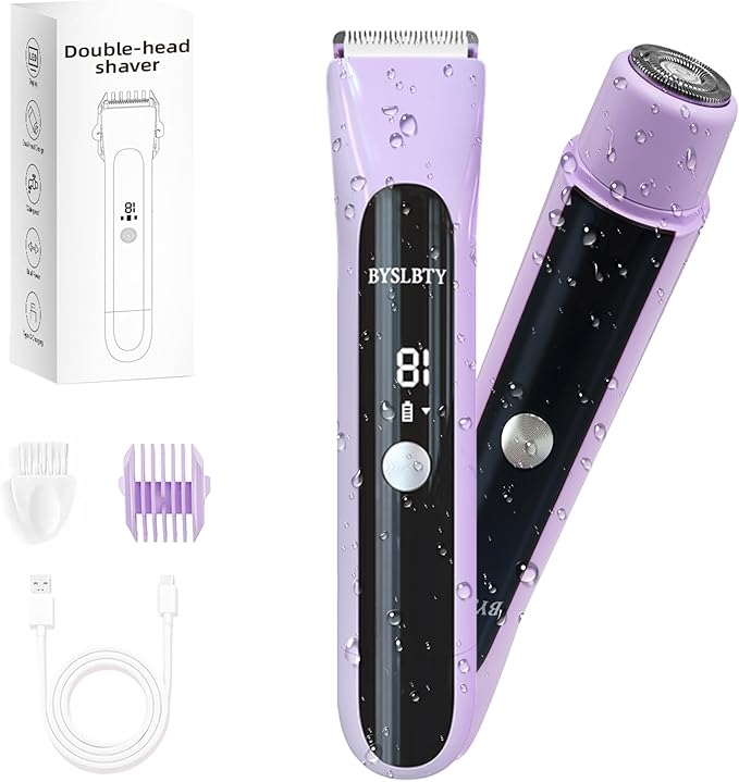 2 in 1 Bikini Trimmer for Women Dual Head Electric Shaver with LED Display,IPX7 Waterproof Wet & Dry, Painless Shaver for Underarm Leg Arm Body Face Private Area Purple