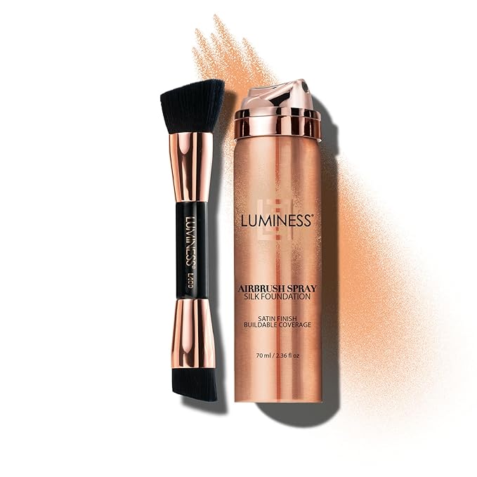 LUMINESS Silk Airbrush Spray Foundation & Buffing Brush Kit – Full Coverage Foundation & Dual-Sided Buffing Brush - Buildable Coverage, Anti-Aging Formula Hydrates & Moisturizes (Shade - Light Warm)