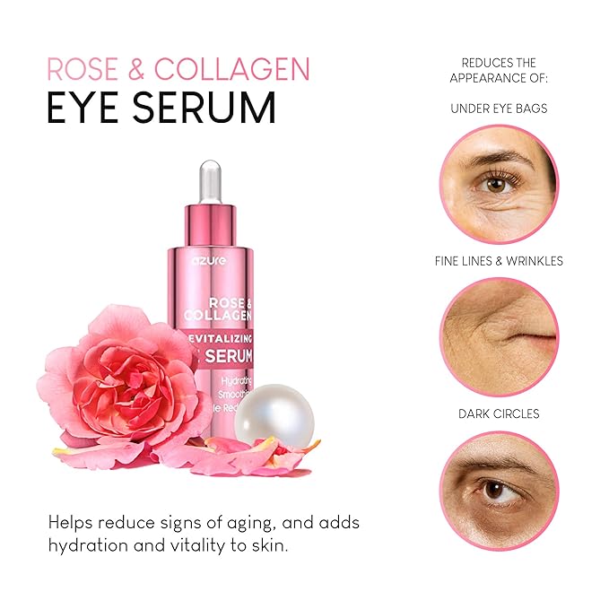 AZURE Rose & Collagen Revitalizing Eye Serum - Hydrating & Smoothing | Reduces Wrinkles, Fine Lines & Under Eye Bags | Minimize Signs of Aging | Made in Korea - 60mL