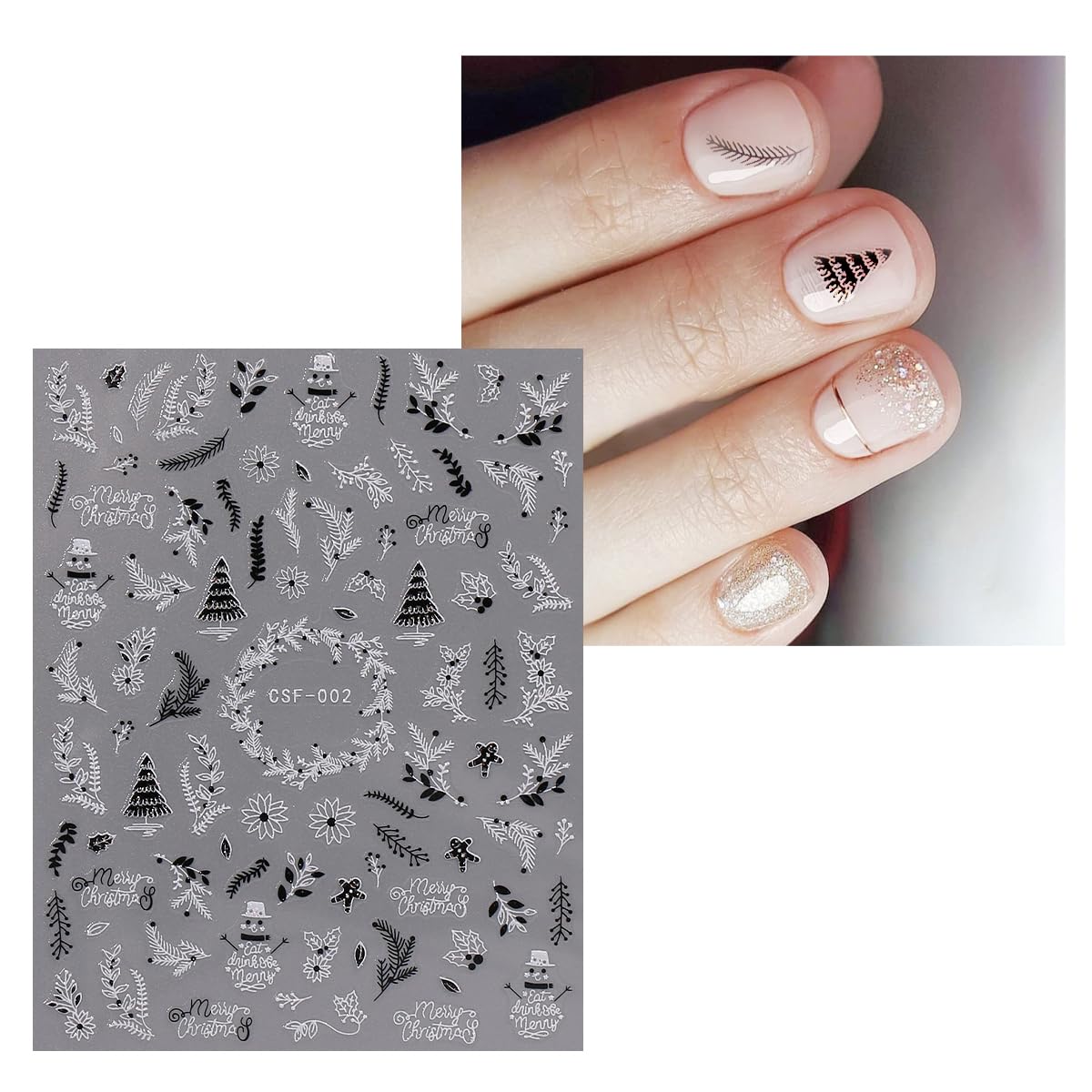 JMEOWIO 9 Sheets Christmas Glitter Nail Art Stickers Decals Self-Adhesive White Black Nail Supplies Nail Art Design Decoration Accessories
