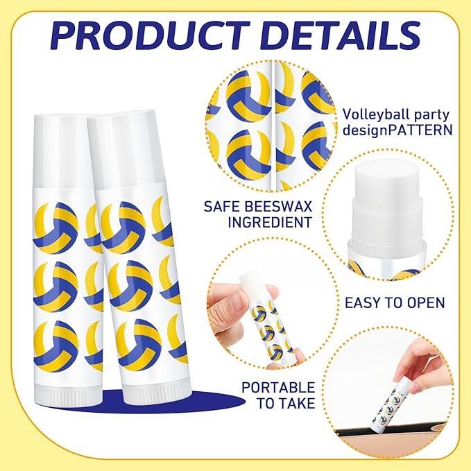 24 Pcs Volleyball Lip Balm Volleyball Team Gifts Volleyball Party Favors Volleyball Lip Balm Gift for Volleyball Team Volleyball Party Guest Supplies (Blue,white,yellow)