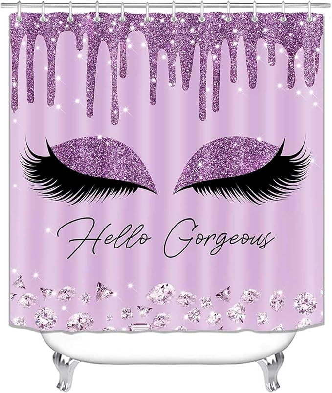 4PCS Purple Glitter Hello Gorgeous Shower Curtain Set, Glam Bling Diamond Rhinestones Gem Makeup Unicorn Eyelash Bathroom Decor, Waterproof Fabric Shower Curtain, Non-Slip Bath Mat Toilet Rug