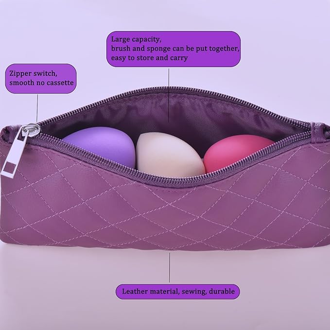 10 Piece Purple Makeup Brushes Set and 3 Piece Makeup Sponge - Wooden Handle with Soft Synthetic Bristles, for Face & Eye Makeup | Professional Cosmetic Brushes | Includes Travel Pouch