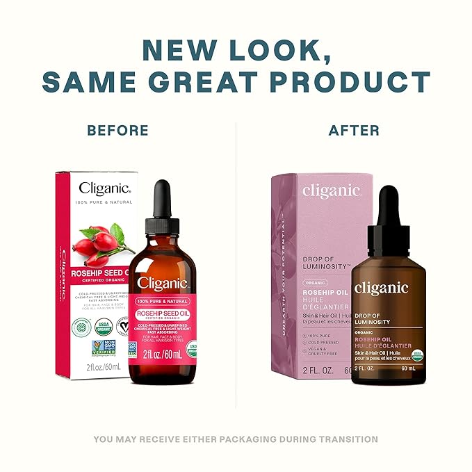 Cliganic Organic Rosehip Seed Oil for Face, 100% Pure | Natural Cold Pressed Unrefined Non-GMO | Carrier Oil for Skin, Hair & Nails (Packaging May Vary)