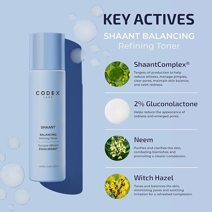 Codex Labs Shaant Refining Toner - Hydration & Pore Minimizer - for Acne Prone Skin - with 2% Gluconolactone - Cruelty-Free, Vegan Skincare (100ml)