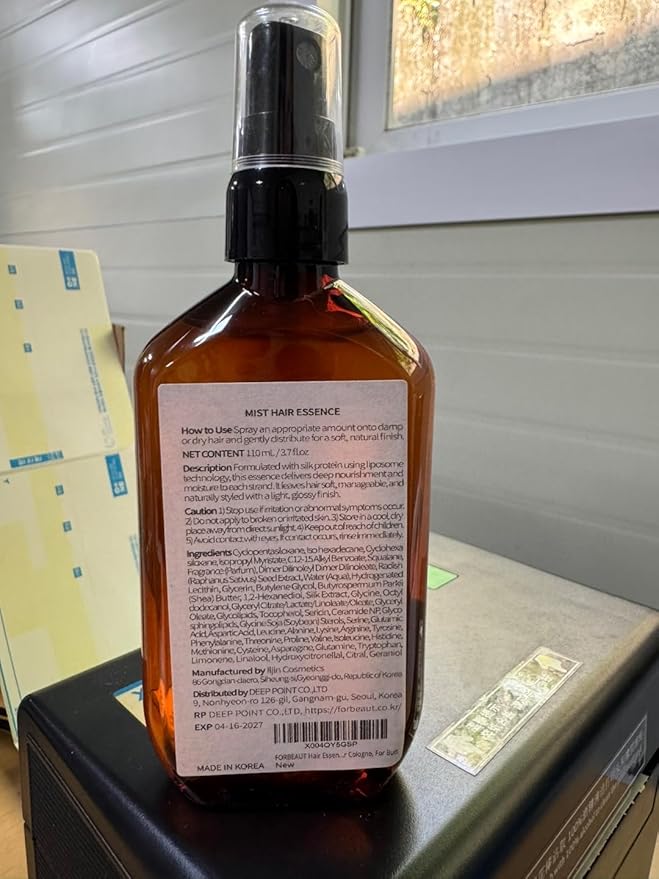 [Forbeaut] Mist Hair Essence – Lightweight Leave-In Treatment Spray for Damaged Hair, Daily Use, Silky Protein Care for Shine & Elasticity, Salon-Like Finish, Woody Citrus Scent, 100ml / 3.7 fl.oz