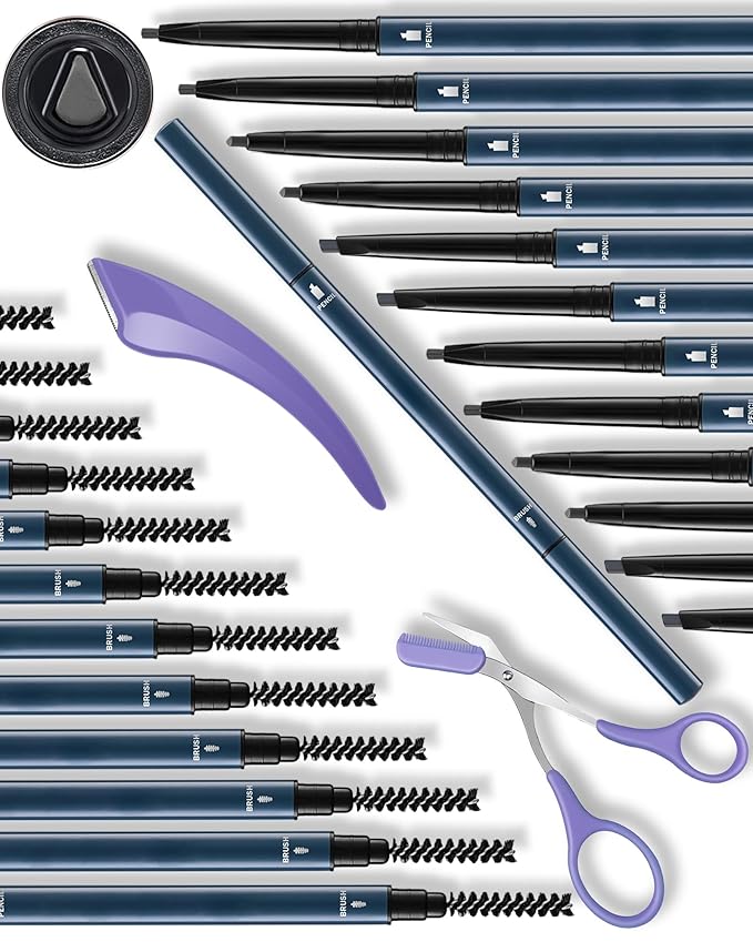 12Pcs Microblading Eyebrow Pencils Grey Waterproof Eye Brow Pencil w/Eye Brow Razor & Scissors Kit 0.5mm Ultra-Fine Tip Creates Hair-Like Strokes for Women Effortless Natural Brows