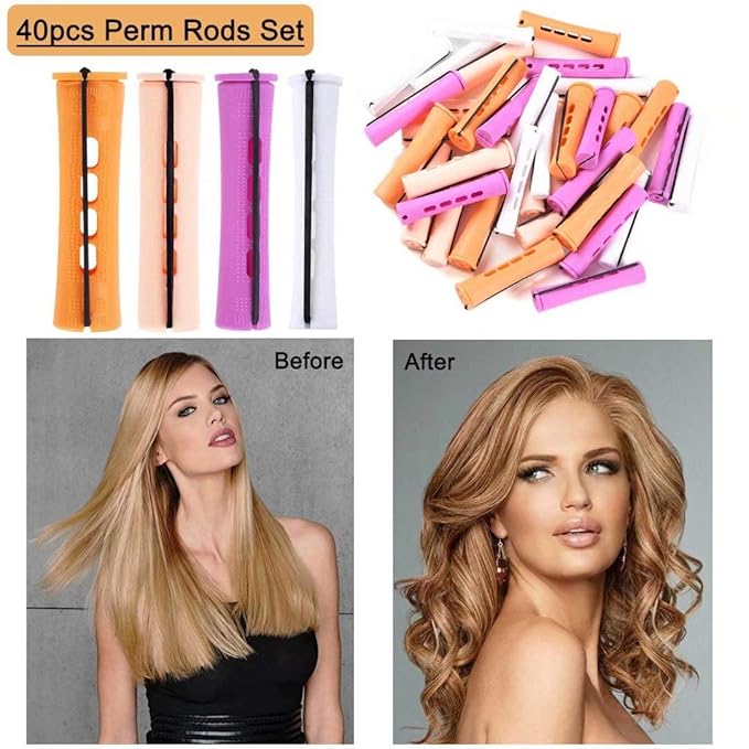 40pcs Perm Rods Set for Natural Hair 4 Sizes Cold Wave Rods Hair Rollers for Women Curling Rods for Long Medium Small Hair Curler Styling DIY Hairdressing Tools（Orange+Beige+Purple+white）