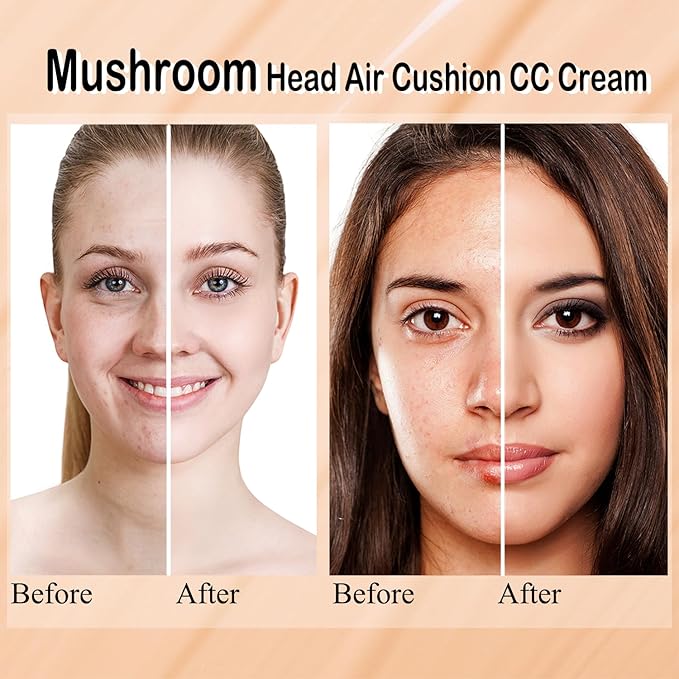 2 PCS Mushroom Head Air Cushion CC Cream Nature Foundation,Foundation Brush Powder Brush,Moisturizing Concealer, Bright Makeup Base Long Lasting (#02 Natural+#03 Warm Nude)