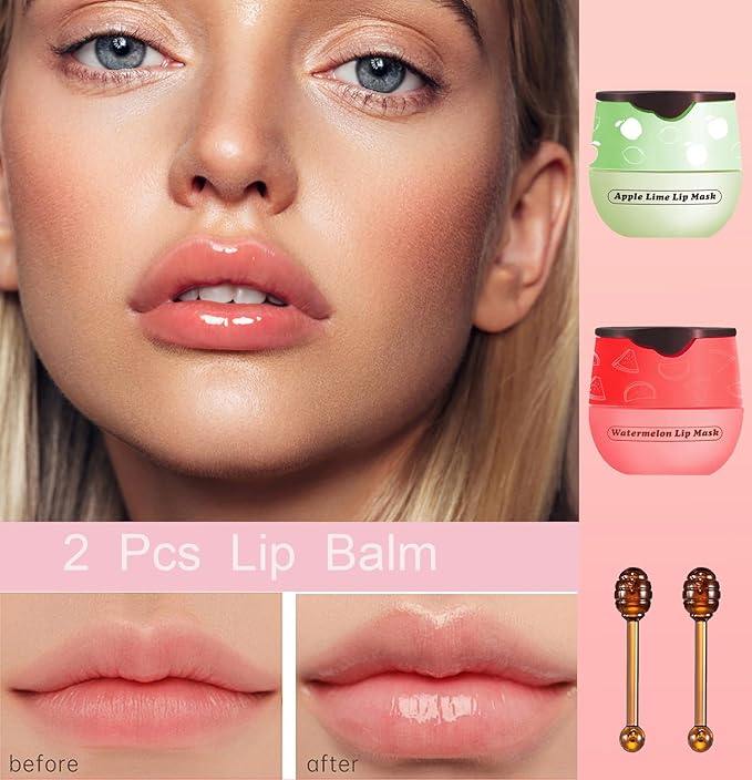 2 PCS Bee Lip Balm Honey Pot, Watermelon Apple Bee Lip Balm Sleeping Lip Mask Overnight with Sticks, Honey Pot Lip Balm Hydrating Exfoliating Prevention Dry and Crack Lip Scrubs