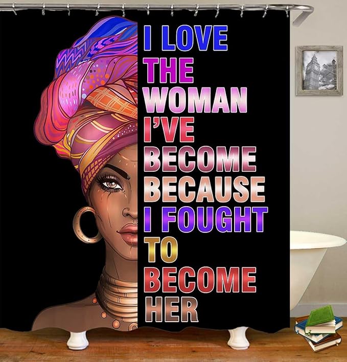 4PCS African American Shower Curtain Set, Black Shower Curtain, Black Girl Magic Afro Girl Black Pride Melanin Queen Black Women Bathroom Decor, Non-slip Bath Mat Inspirational Gifts for Women