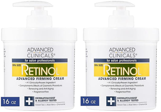 Advanced Clinicals Retinol Cream Face Moisturizer | Crepey Skin Care Treatment | Fragrance Free Body Lotion Targets Look Of Crepe Skin, Wrinkles, & Sagging Skin, 16 Oz (2-Pack)