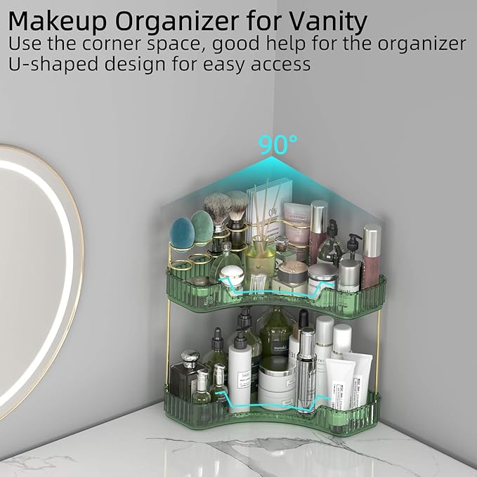 2 Tier Corner Bathroom Organizer Countertop, Vanity Makeup Organizer with Brush Holder, Space-Saving Skincare Storage Corner Shelf for Bathroom, Dressing Table, Kitchen