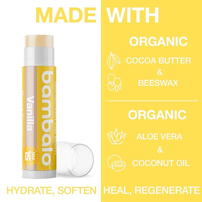 4-Pack Vanilla SPF 15 Lip Balm - Organic Ingredients, Broad Spectrum UVA/UVB Protection - Hydrating & Moisturizing, USA Made