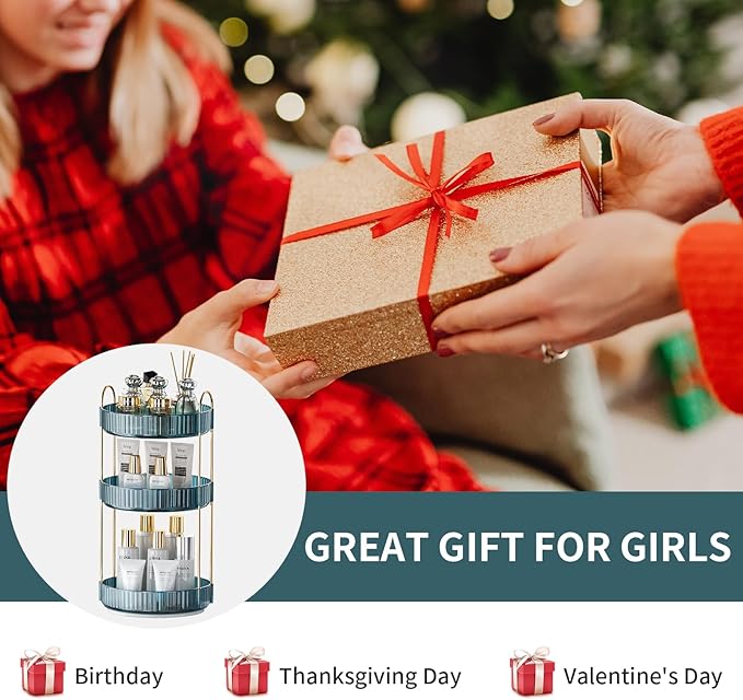 360° Rotating Makeup Organizer, Bathroom Organizers and Storage Holder Rack, Large Capacity Vanity Shelf Countertop, Fits Cosmetics, Perfume, Skin Care(Blue, 3 Tiers)