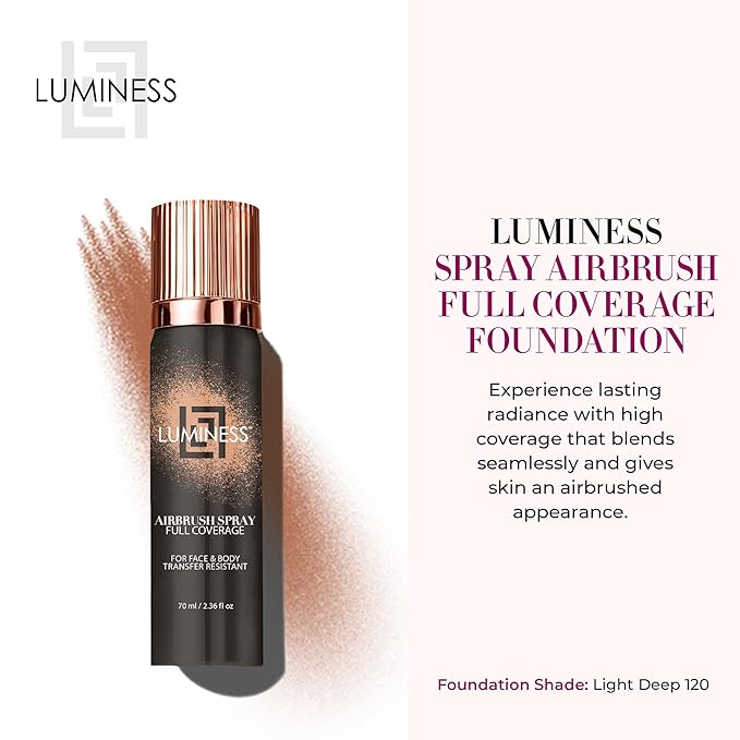 LUMINESS Spray Airbrush Foundation Makeup, Light Deep Shade 120 - Lightweight, Full Coverage Foundation for Face, Neck, & Body - Concealer for Seamless Blending, Natural-Looking Finish, 2.36 fl oz