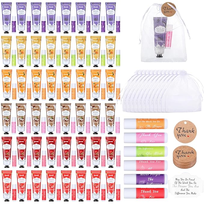 48 Set Thank You Gifts for Employee Hand Cream and Lip Balm Bulk Set with Organza Bag Thank You Card Hand Lotion Appreciation Gift Set for Women Men Coworkers Volunteer