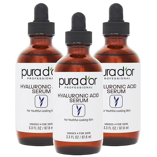 PURA D'OR Hyaluronic Acid Serum For Deep Hydration (3.3oz x3 = 9.9oz) Anti-Aging, Plumping & Moisturizing Formula For Smooth, Supple Skin - Natural Skincare Boost - Fine Lines & Wrinkle Reducer