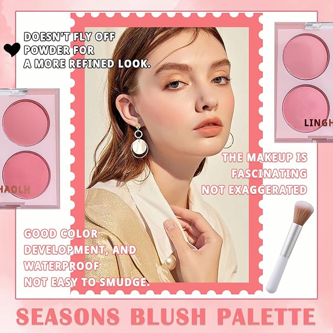 4 Colors Blush Palette for Cheeks,Face Matte Contour Blush Makeup Palette,Buildable Shimmer Facial Cheek Blusher Shades,Blendable Cosmetic Makeup Blush with Blush Brush 01