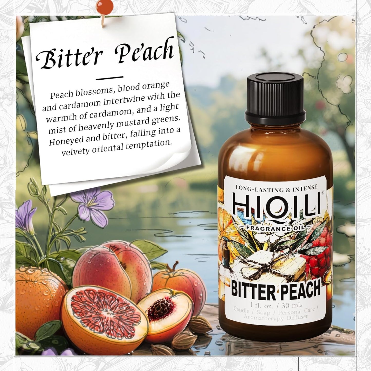 HIQILI Bitter Peach Fragrance Oil - for Candle, Soap & Sachets Bag Making, Inspired by T-F.rd Bitter-P.ch, for Home Diffuser, Add to Air Fresheners Spray - 1 Fl Oz